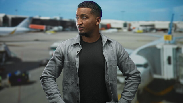 Young black man hands on hips looking sideways at airport gate with jet bridge and airplane visible, wearing gray shirt and black t shirt; contemplation.