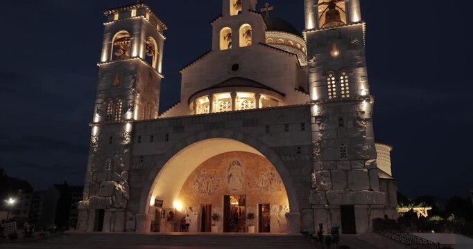 View of the Orthodox cathedral in Podgorica, Montenegro, twilight walk