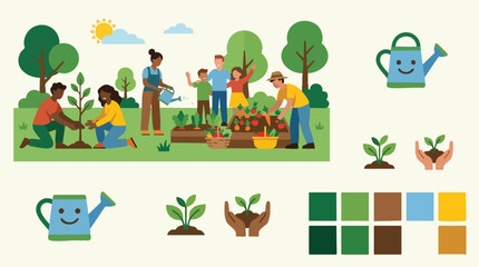 Fototapeta premium Community planting trees and gardening together in a park.