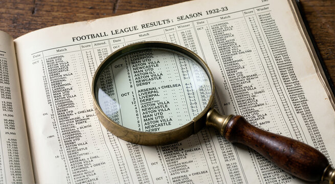 Vintage magnifying glass resting on a book of historic football league results. Close-up of printed sports statistics and data tables. Research and analysis of past match records