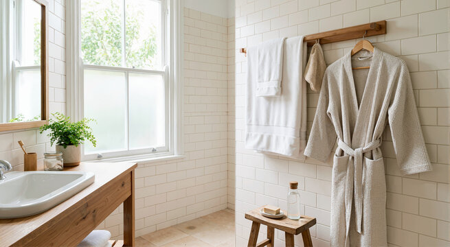 Bright tiled bathroom interior with wooden vanity and sink. Waffle bathrobe and white towel hanging on wall rack