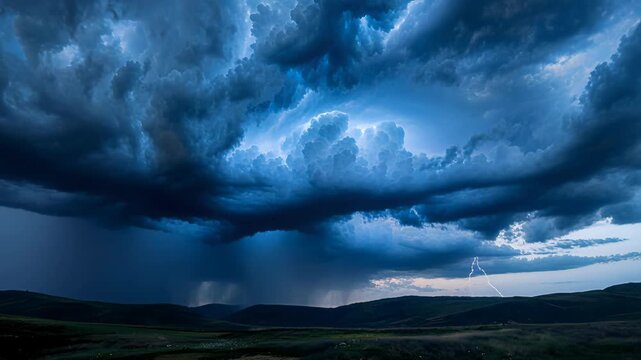 Dramatic storm cloud lightning over rolling grassland landscape with thunderstorm and moody