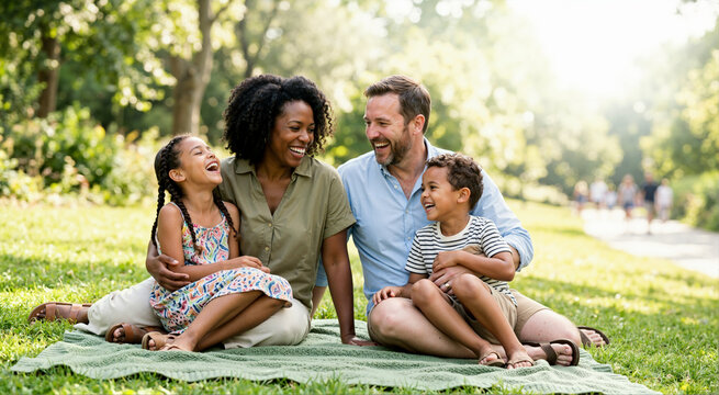 Happy mixed race family laughing together on a picnic blanket in the park. Diverse parents and two children enjoying a sunny summer day outdoors. Family bonding and leisure concept