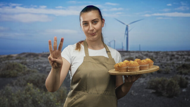 Woman hispanic wearing an apron holds a wooden tray of muffins and counts three fingers toward wind farm turbines on scrubland; friendly hospitality.