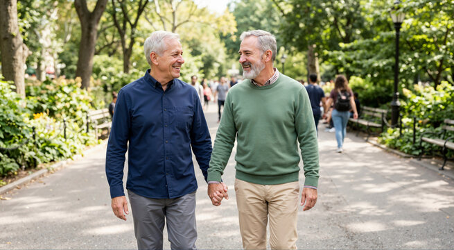 Happy elderly gay couple walking in a park. Smiling senior men holding hands and looking at each other outdoors on a sunny day