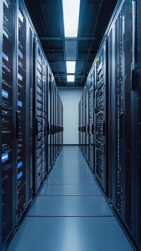 A long, symmetrical perspective view down a modern data center aisle with rows of black electronic server racks, representing digital infrastructure and technology.
