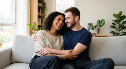 Obraz premium Happy diverse couple hugging and laughing on the sofa at home. Smiling Black transgender woman and her boyfriend enjoying a romantic moment in the living room