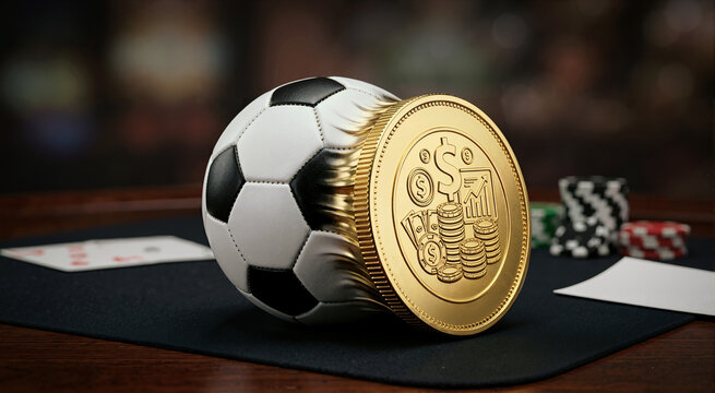 3D concept of soccer ball transforming into gold coin. Sports betting and football monetization