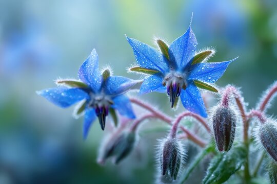 Macro photography of borage blooms: blue petals, green background, natural detail