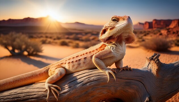 bearded dragon basking on dry tree branch in desert landscape showcasing its textured scales and alert posture under warm sunlight
