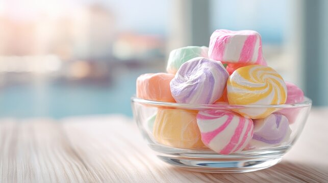 Close-up photograph of colorful saltwater taffy candies in a glass bowl on a sunlit wooden table