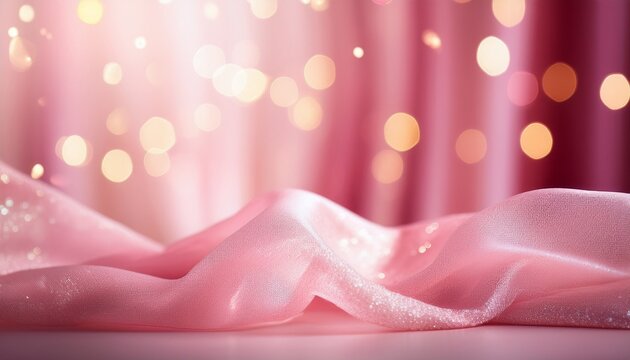 soft pink background with flowing curtains creates dreamy atmosphere enhanced by sparkling bokeh lights that add touch of elegance and whimsy