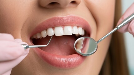 Fototapeta premium Close-up of Patient During Dental Examination With Tools and Lighting in a Clinic Setting Showing Dentist Work and Oral Care