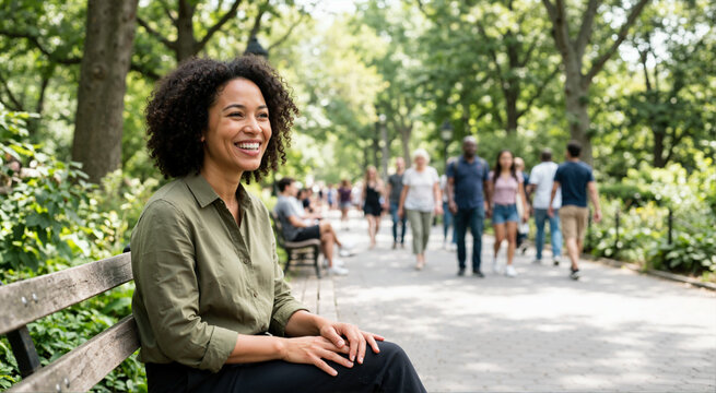 Smiling Black woman sitting on a park bench looking away. African American female relaxing outdoors on a sunny summer day. Urban leisure and wellbeing concept