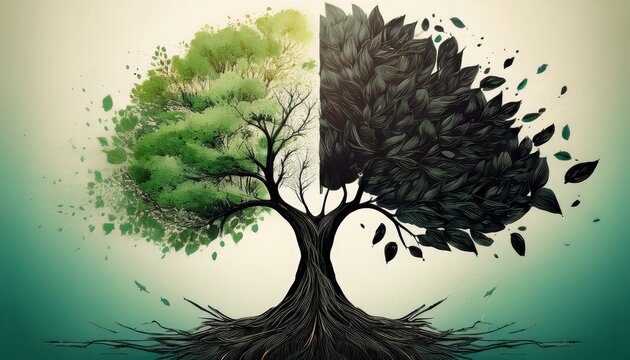 conceptual image of tree with one side lush and green while other side disintegrates into black leaves symbolizing growth decay and transformation
