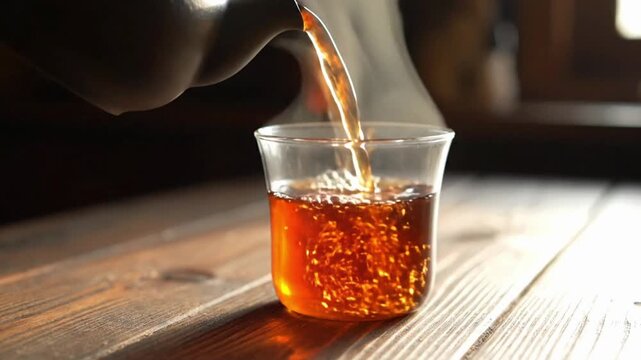 Natural black tea pouring from teapot into glass on rustic wooden table in cozy setting during afternoon
