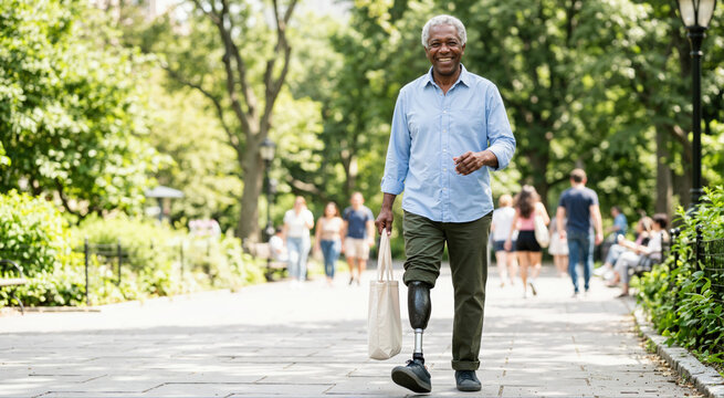 Smiling elderly Black man with a prosthetic leg walking in a park. Happy senior amputee carrying a tote bag outdoors on a sunny day