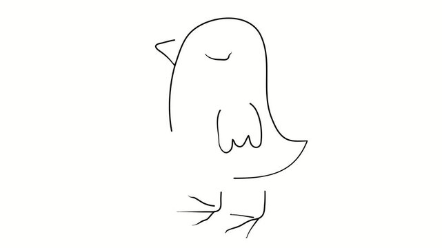 A bird with closed eyes. Contour drawing, silhouett animation. Continuous line. Isolated on white. Video 4k object illustration self-drawing. Object construction. Minimalist continuous line drawing si
