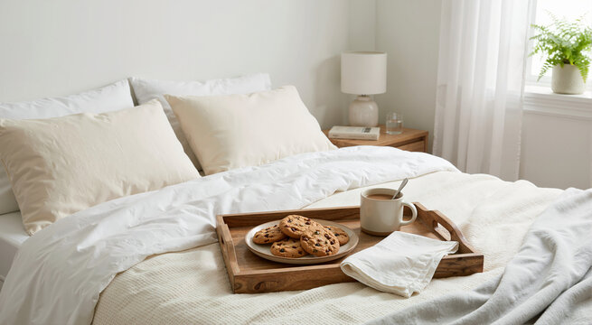 Breakfast in bed with coffee and chocolate chip cookies on a wooden tray. Cozy morning routine and relaxing weekend at home