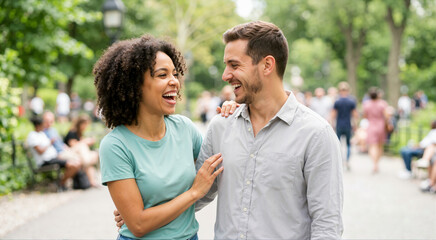 Obraz premium Joyful mixed race couple walking and laughing in a green park. Black woman and Caucasian man showing affection outdoors on a sunny day. Romantic relationship and leisure concept