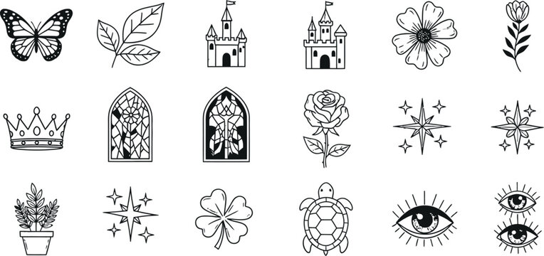 Black and white line art collection featuring butterflies castles flowers crowns and mystical elements isolated on transparent background