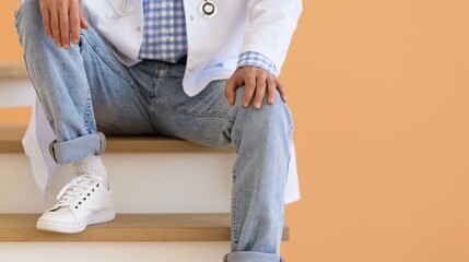 Fototapeta premium Doctor wearing casual jeans and sneakers seated on stairs