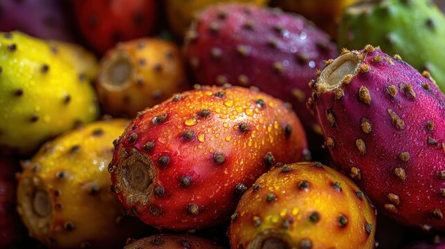 Close-up of prickly pear fruits showing bold reds, purples and greens in sunlit Sicily