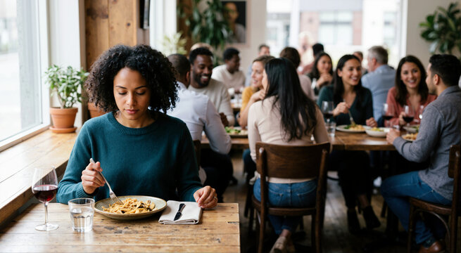 Black woman eating pasta alone at a table in a busy restaurant. Lonely African American female dining with a glass of red wine in a crowded cafe