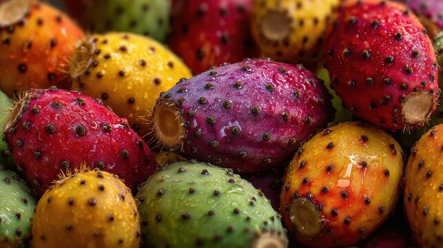 Vibrant Indian fig fruits in macro detail with spines and textured skin