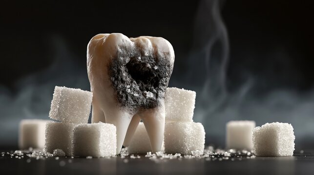 Decayed Tooth Sits Among Sugar Cubes to Show Effects of Sugar on Dental Health in a Dark Setting