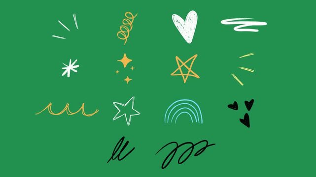 Hand Drawn Magic Sparkles and Stars Asset Pack on Green Screen Overlay