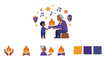 Fototapeta premium Elderly man passing knowledge to young boy by campfire.