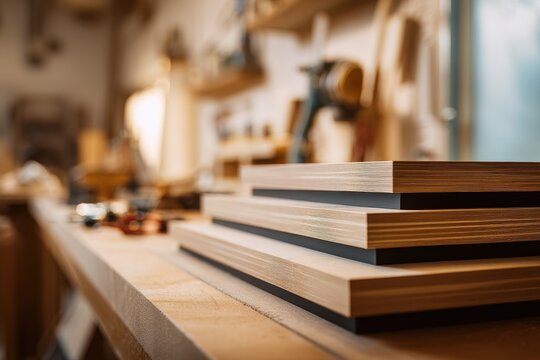 Close-up of laminated MDF bookshelf components in a wood furniture workshop