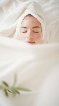 A serene minimalist wellness portrait featuring a relaxed face wrapped in soft white towels. Calm, freshness, and gentle skincare textures evoke tranquility and renewal.
