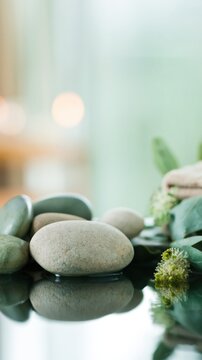 Smooth spa stones and soft botanicals rest near tranquil water. Muted greens and gentle light create a serene, minimalist wellness scene inspired by nature.