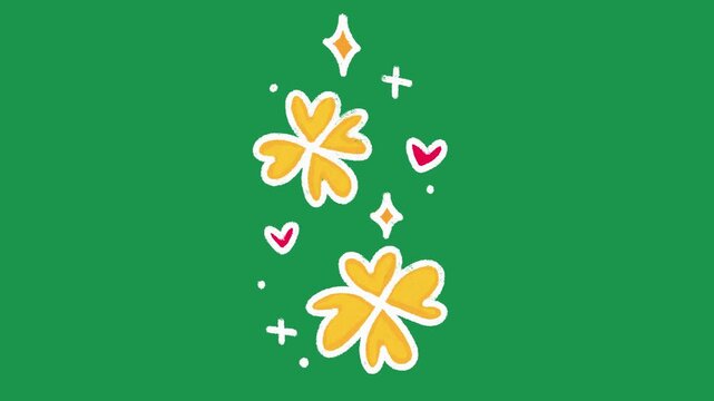 Hand Drawn Green Clovers and Sparkles Animation on Green Screen Overlay
