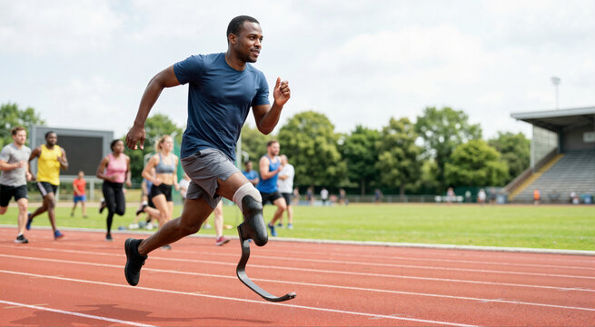 Black male athlete with a prosthetic leg sprinting on a running track. Amputee runner with a carbon fiber blade in an outdoor stadium. Adaptive sports and fitness concept