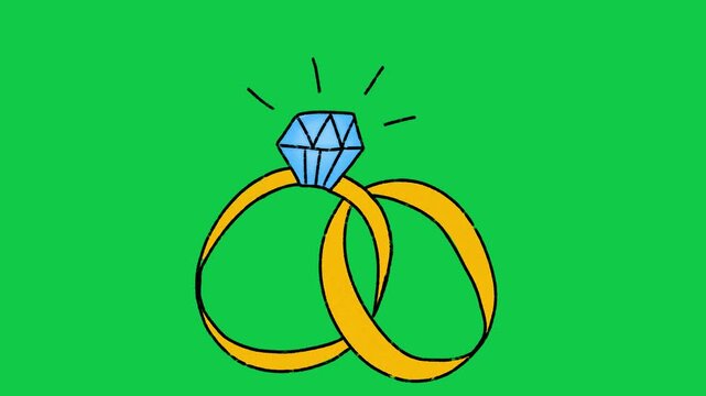 Hand Drawn Diamond Interlocking Wedding Rings Animation on Green Screen Overlay