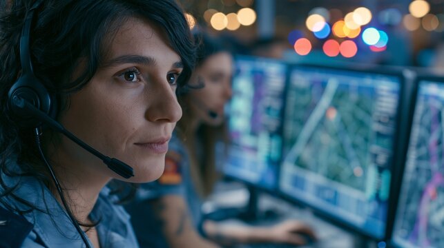 Dispatcher Monitors Maps and Data to Manage Emergency Response With Focus and Skill in Busy Control Room