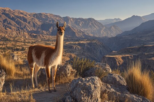 Wild vicuna gazing over a dramatic canyon landscape under warm sunset light