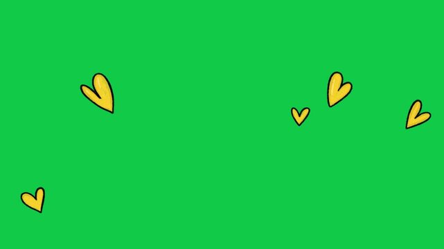 Hand Drawn Yellow Hearts Floating Animation on Green Screen Overlay