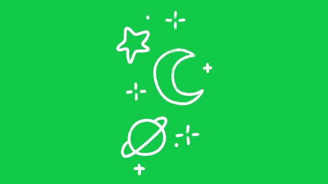 Hand Drawn Space Crescent Moon and Planets Animation on Green Screen Overlay