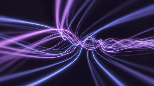 Abstract flowing neon light trails in purple and blue against a dark background