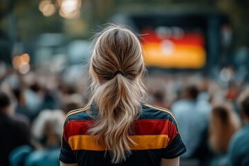Obraz premium Female soccer fan wearing Germany national team jersey watching game on big screen at outdoor public viewing event