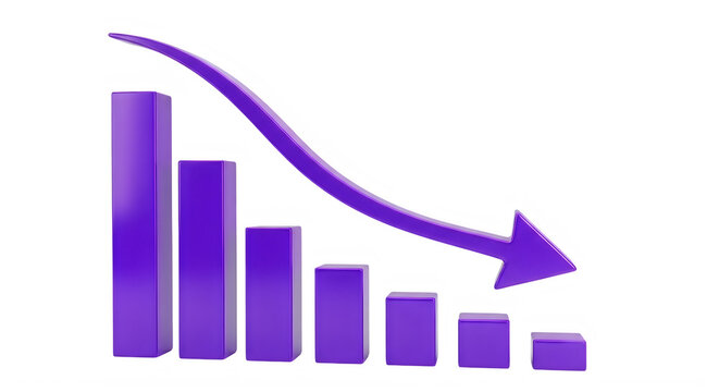 Purple bar graph with downward trend arrow on transparent background
