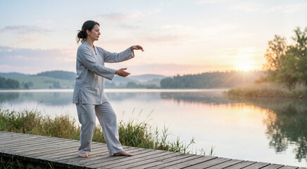 Fototapeta premium Woman practicing Tai Chi on a wooden pier by a lake. Female adult in grey uniform exercising outdoors at sunrise. Mindfulness and recreation concept
