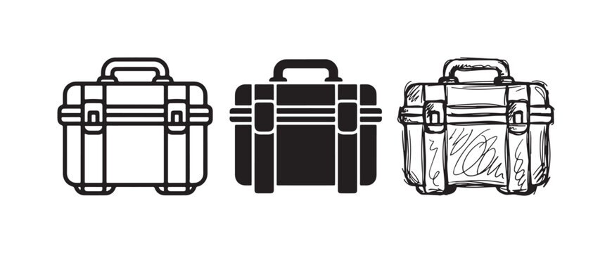 Three sturdy toolbox icons in outline, solid, and hand-drawn styles, ideal for storing tools and equipment for various tasks
