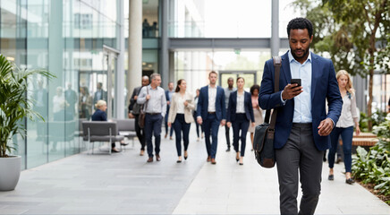 Fototapeta premium Distracted Black businessman walking and using a smartphone in a busy corporate lobby. Professional man texting on mobile phone in a modern office building atrium