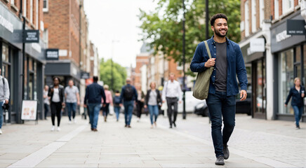 Fototapeta premium Smiling transgender man walking down a busy city street. Happy male carrying a tote bag in an urban environment