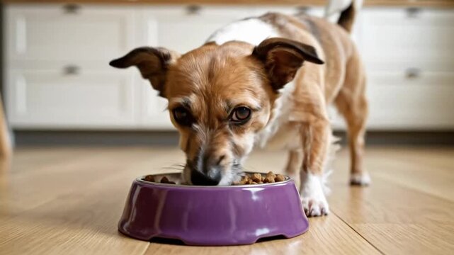 Mongrel dog enjoys eating kibble in a cozy kitchen during a sunny afternoon